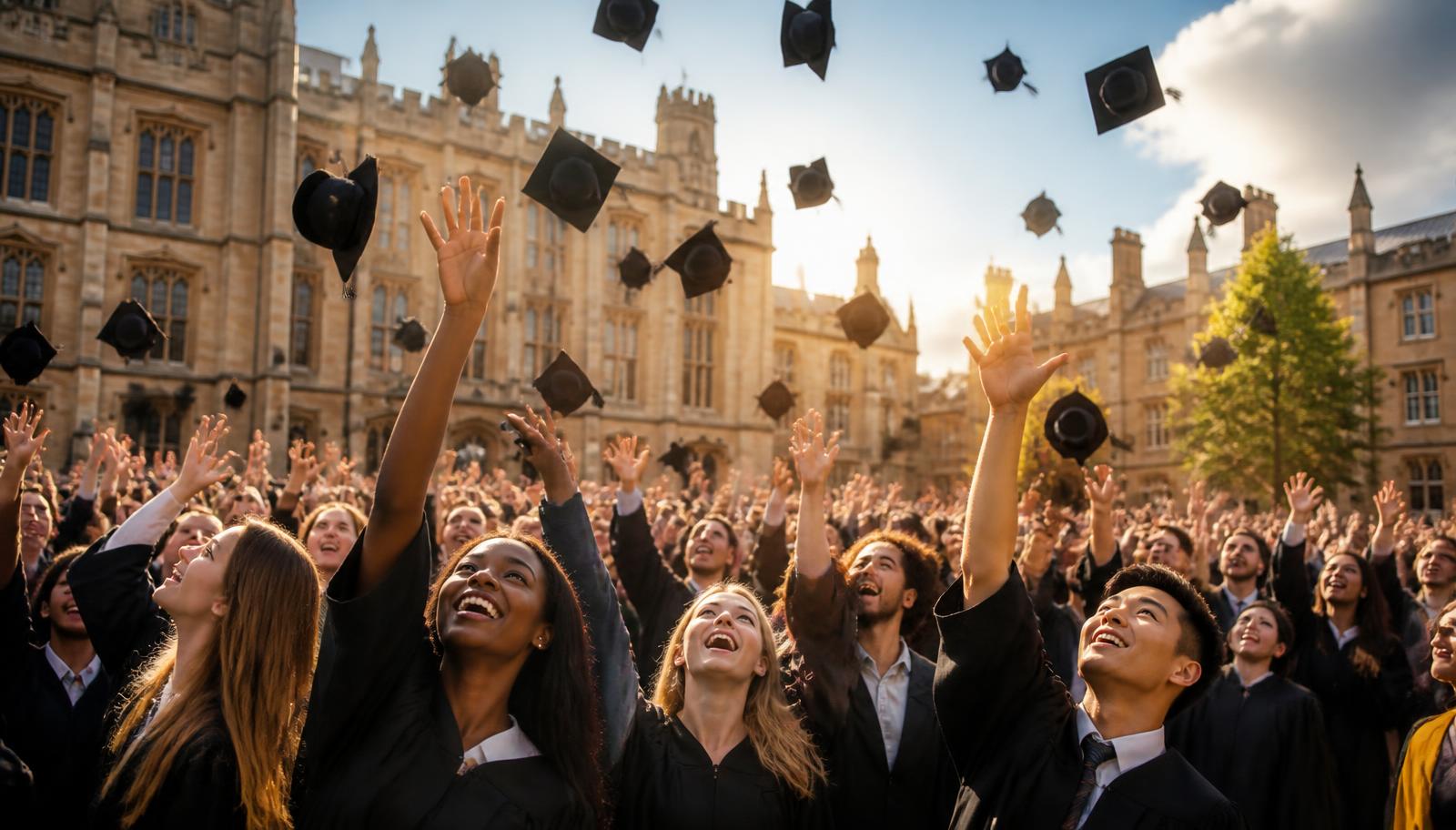 Graduates throwing their caps in the air at a university ceremony